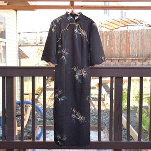 Black Yellow Flower Qipao Knitted Midi Dress - Chinese Traditional Cheongsam